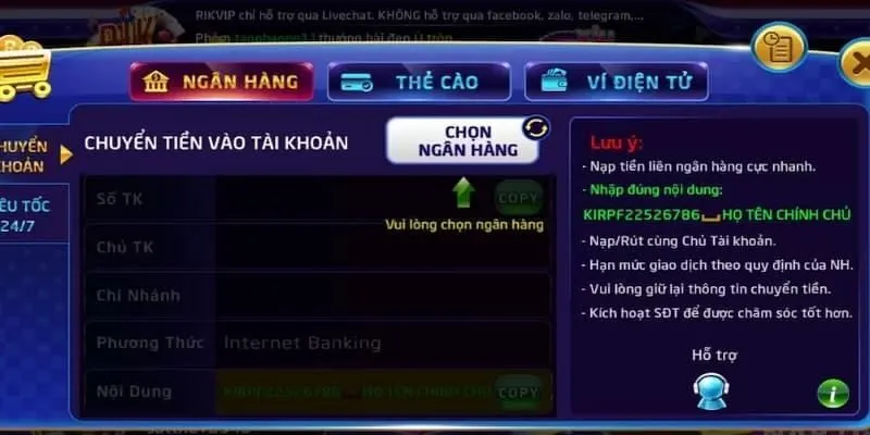 Hỗ trợ linh hoạt phương thức nạp tiền vào tài khoản Rikvip